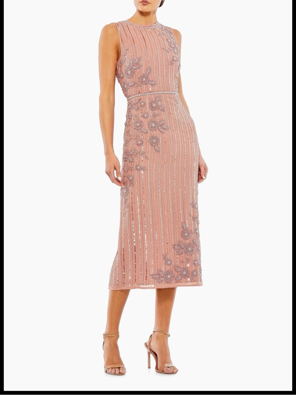 Mac Duggal NWT rose striped floral beaded sleeveless midi dress size 10